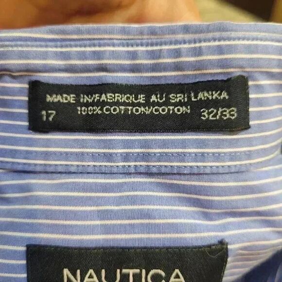 Nautica Men's Power Blue White Striped Cotton Dress Shirt - Picture 8 of 10